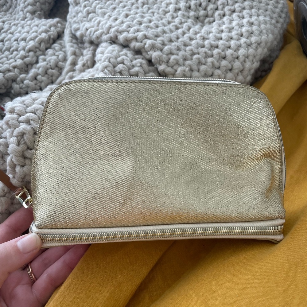 NEW Anthropologie Metallic Gold Cosmetic / Makeup Bag  with Mirror